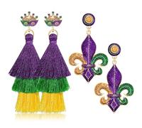 2/3Pairs Mardi Gras Earrings for Women Beaded Crown Dangle Earrings Mardi Gras Accessory, Fleur De Lis Carnival Earrings for Fat Tuesday Celebrations, Mardi Gras Parades Jewelry Gifts, L, Zinc