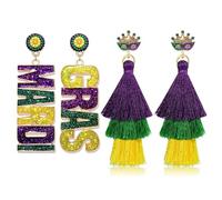 2/3Pairs Mardi Gras Earrings for Women Beaded Crown Dangle Earrings Mardi Gras Accessory, Fleur De Lis Carnival Earrings for Fat Tuesday Celebrations, Mardi Gras Parades Jewelry Gifts, L, Zinc