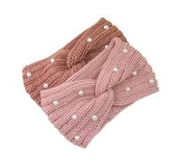 2/3pcs Women Wide Knitted Cross Pearl Headbands Autumn Winter Warm Solid Hair Bands Ear Warmer Elastic Sports Turban Headwrap For Winter(Caramel and Pink)