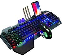 2.4 GHz Wireless Gaming Keyboard Mouse Set,USB-Receiver Mechanical Feel Rainbow Backlight Rechargeable 3800mAh Battery Keyboard Detachable Palm Rest +7 Colors LED Gaming Mouse for PC Writers/Gamers