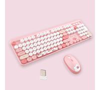 2.4G Full-Size Wireless Keyboard and Mouse Combo, Multi-Color Typewriter Style Round Keycap, Cute Candy Colors, Compatible with Notebook, PC (Pink Bear)