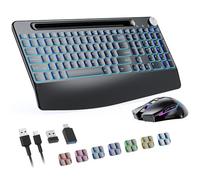 2.4G Wireless Keyboard and Mouse, Rechargeable,with 7 Colored Backlits &Phone Holder &Wrist Rest &jiggler Mouse& Volume KNOB, Lighted up Full Size Keyboard and Mouse Combo,for Mac Windows Laptop PC