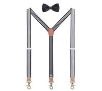 2.5 cm Suspenders Bow Tie Sets for Men and Women Y Shape Retro PU Leather Snap Hook Suspender Elastic Adjustable for Height 150-200 cm - Striped White Black