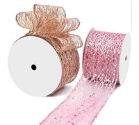 2.5 Inch Sequin Wired Ribbons, AFUNTA Gold Glitter Metallic Ribbon 10 Yard Pink Mesh Ribbon for Gift Wrapping, Christmas Tree Decoration, Garlands, Swags