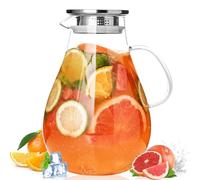 2.5 Liters Glass Pitcher with Lid and Handle, Water Pitcher for Fridge, Ice Tea Carafe for Cold Brew, Drinks, Lemonade, Juice, Coffee, Beverage, Fruit, Clear, Borosilicate