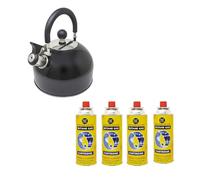 2.5 Litre Camping Kettle and 4 Butane Gas Canisters - Metallic Black Stainless Steel Whistling Kettle - Fishing, Camping, Hiking, Indoor & Outdoor | for Gas Stove, Stove, Camp Fire - EN417 Bottles
