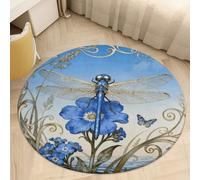 2.5' Round Area Rug for Bedroom Water Absorbent Coral Velvet Low Pile Floor Carpet Thin Non-Slip Backing Dragonfly Forget-me-not Throw Rug Washable Bathroom Mat for Tub Shower Toilet