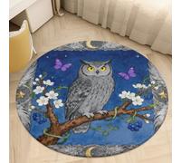 2.5' Round Area Rug for Bedroom Water Absorbent Coral Velvet Low Pile Floor Carpet Thin Non-Slip Backing Owl Oak Berry Throw Rug Washable Bathroom Mat for Tub Shower Toilet