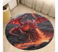 2.5' Round Area Rug for Bedroom Water Absorbent Coral Velvet Low Pile Floor Carpet Thin Non-Slip Backing Ruby Dragon Volcano Throw Rug Washable Bathroom Mat for Tub Shower Toilet