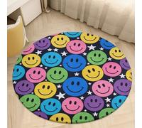 2.5' Round Area Rug for Bedroom Water Absorbent Coral Velvet Low Pile Floor Carpet Thin Non-Slip Backing Colorful Happy Faces Throw Rug Washable Bathroom Mat for Tub Shower Toilet