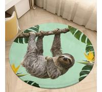 2.5' Round Area Rug for Bedroom Water Absorbent Coral Velvet Low Pile Floor Carpet Thin Non-Slip Backing Sloth on Green Branches Throw Rug Washable Bathroom Mat for Tub Shower Toilet