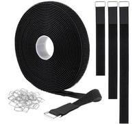 2.5cm x10mHook and Loop Straps with 50 Metal Buckles,Cut-to-Length Reusable Cable Ties,Adjustable Fastening Cable Straps,Nylon Securing Cinch Strap,2.5cm Wide,Black