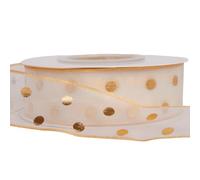 2.5cmx25 Yard Gold Dots Printed Organza Ribbon Polka Dot Sheer Chiffon Ribbon for Bouquet Gift Wrapping, Beige