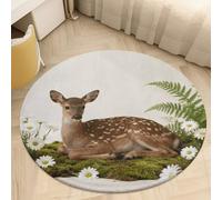 2.5ft Circle Rug Non Slip Bath Rug Soft Stain Resistant Coral Velvet Deer on Mossy Ground Carpet for Under Round Table Washable Indoor Floor Mat for Living Room Bedroom Nursery Home Office Decor