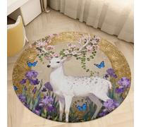 2.5ft Circle Rug Non Slip Bath Rug Soft Stain Resistant Coral Velvet White Deer and Purple Flowers Carpet for Under Round Table Washable Indoor Floor Mat for Living Room Bedroom Nursery Home Office