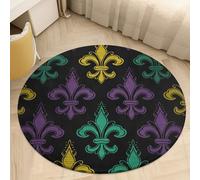 2.5ft Coral Velvet Round Rug Machine Washable Non Slip TPR Backing 3D Fleur De Lis Mardi Gras Area Rug Pet Friendly Doormat Low Pile Soft Plush Bedroom Carpet for Living Room Kitchen Entryway Dorm I