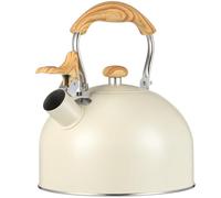 2.5l Beige Stainless Steel Whistling Tea Kettle with Wood Handle | Flat Broad Base, Covered Spout, Automatic Audible Reminder, Suitable for Gas Hobs, Stovetop Boiling and Heating Milk