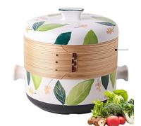 2.5L Japanese Style Ceramic Casserole Clay Pot, Stockpot with Steamer Basket, Natural Bamboo Steamer Basket for Household Kitchen