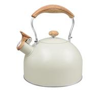 2.5L Stove Top Whistling Kettle, Stainless Steel for Gas & Induction Hobs | Stovetop Camping Kettle with Wood-Effect Folding Handle for Boiling Water, Coffee and Tea, Cream