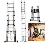 2.5M+2.5M Foldable A Frame Ladder 5M Aluminium Extendable Telescopic Ladder Portable Multi-Purpose Telescoping Ladder with Stabilizer Bar for Home Office Loft Use, Max Load 330lb