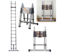 2.5M A Frame Telescopic Ladder Stainless Steel Loft Ladder, EN131 Safety Multi-Purpose Ladders Extendable Roof Ladder with Height Adjustable, Anti-Slip Rubber Feet, Portable Folding Ladder