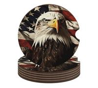 2.6 Inch Bald Eagle Flag Veterans Car Cup Coaster, 6PCS Non-Slip Wooden Coasters for Car Cup Holders, Heat Resistant Drink Coaster with Cork Back for Women & Men