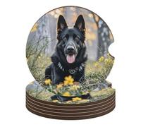 2.6 Inch Black German Shepherd Dog Car Cup Coaster, 6PCS Non-Slip Wooden Coasters for Car Cup Holders, Heat Resistant Drink Coaster with Cork Back for Women & Men