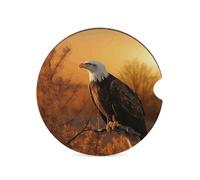 2.6 Inch Golden Sunset Bald Eagle Car Cup Coaster, 1PCS Non-Slip Wooden Coasters for Car Cup Holders, Heat Resistant Drink Coaster with Cork Back for Women & Men