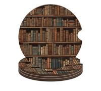 2.6 Inch Library Bookshelf Book Car Cup Coaster, 4PCS Non-Slip Wooden Coasters for Car Cup Holders, Heat Resistant Drink Coaster with Cork Back for Women & Men