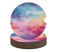 2.6 Inch Watercolor Background Car Cup Coaster, 6PCS Non-Slip Wooden Coasters for Car Cup Holders, Heat Resistant Drink Coaster with Cork Back for Women & Men