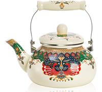 2.6 Quart Enamel Tea Kettle Vintage, Large Porcelain Enameled Teakettle Stovetop, 2.5L Cute Tea Pot with Ceramic Cool Handle, Retro Steel Teapot for Hot Water, Christmas, No Whistling
