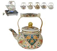 2.6 Quart Vintage Enamel Tea Kettle, Floral Enamel on Steel Teapot with Cool Touch Porcelain Handle for Stovetop,Colorful Hot Water Kettle for Home Kitchen Decor, No Whistling (Color C)