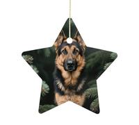 2.7" Christmas Star Ornaments with Hanging Rope, German Shepherd Ornaments Hanging Pendant Vintage Ceramic Xmas Tree Decor for Home, Festive Holiday Party Decorations