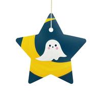 2.7" Christmas Star Ornaments with Hanging Rope, Ghost Sits on The Moon Ornaments Hanging Pendant Vintage Ceramic Xmas Tree Decor for Home, Festive Holiday Party Decorations