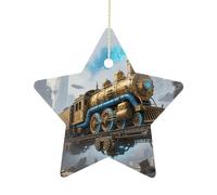 2.7" Christmas Star Ornaments with Hanging Rope, Old Engine Train Ornaments Hanging Pendant Vintage Ceramic Xmas Tree Decor for Home, Festive Holiday Party Decorations