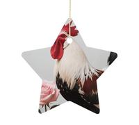2.7" Christmas Star Ornaments with Hanging Rope, Rooster Red White Pink Rose Ornaments Hanging Pendant Vintage Ceramic Xmas Tree Decor for Home, Festive Holiday Party Decorations