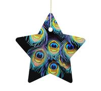2.7 Inch Ceramic Christmas Star Ornament - A Bunch of Peacock Feathers Double-Sided Printed Porcelain Tree Hanging Decor with Gold String, Vintage Holiday Decoration for Xmas Tree, Mantel, Gift