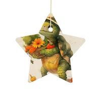 2.7 Inch Ceramic Christmas Star Ornament - A Cartoon Turtle Double-Sided Printed Porcelain Tree Hanging Decor with Gold String, Vintage Holiday Decoration for Xmas Tree, Mantel, Gift