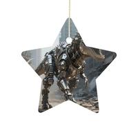 2.7 Inch Ceramic Christmas Star Ornament - A Mechanical Dinosaur in A Ruined City Double-Sided Printed Porcelain Tree Hanging Decor with Gold String, Vintage Holiday Decoration for Xmas Tree, Mantel,