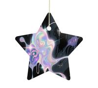 2.7 Inch Ceramic Christmas Star Ornament - Abstract Art Graffiti Double-Sided Printed Porcelain Tree Hanging Decor with Gold String, Vintage Holiday Decoration for Xmas Tree, Mantel, Gift