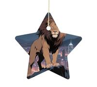 2.7 Inch Ceramic Christmas Star Ornament - African Lion Double-Sided Printed Porcelain Tree Hanging Decor with Gold String, Vintage Holiday Decoration for Xmas Tree, Mantel, Gift