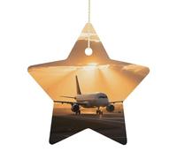 2.7 Inch Ceramic Christmas Star Ornament - Airplane at Sunset Double-Sided Printed Porcelain Tree Hanging Decor with Gold String, Vintage Holiday Decoration for Xmas Tree, Mantel, Gift