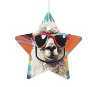 2.7 Inch Ceramic Christmas Star Ornament - Alpaca Wearing Sunglasses Double-Sided Printed Porcelain Tree Hanging Decor with Gold String, Vintage Holiday Decoration for Xmas Tree, Mantel, Gift