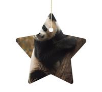 2.7 Inch Ceramic Christmas Star Ornament - Animals on Tree Double-Sided Printed Porcelain Tree Hanging Decor with Gold String, Vintage Holiday Decoration for Xmas Tree, Mantel, Gift