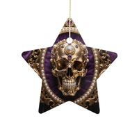 2.7 Inch Ceramic Christmas Star Ornament - Baroque Metal Skull Double-Sided Printed Porcelain Tree Hanging Decor with Gold String, Vintage Holiday Decoration for Xmas Tree, Mantel, Gift