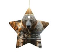 2.7 Inch Ceramic Christmas Star Ornament - Bear Crossing The River Double-Sided Printed Porcelain Tree Hanging Decor with Gold String, Vintage Holiday Decoration for Xmas Tree, Mantel, Gift