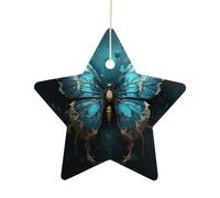 2.7 Inch Ceramic Christmas Star Ornament - Blue Butterfly Pattern Double-Sided Printed Porcelain Tree Hanging Decor with Gold String, Vintage Holiday Decoration for Xmas Tree, Mantel, Gift