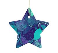 2.7 Inch Ceramic Christmas Star Ornament - Blue Teal Lemon Double-Sided Printed Porcelain Tree Hanging Decor with Gold String, Vintage Holiday Decoration for Xmas Tree, Mantel, Gift