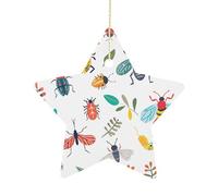 2.7 Inch Ceramic Christmas Star Ornament - Bright Insect Pattern Double-Sided Printed Porcelain Tree Hanging Decor with Gold String, Vintage Holiday Decoration for Xmas Tree, Mantel, Gift