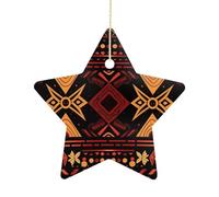 2.7 Inch Ceramic Christmas Star Ornament - Brown and Red Tribal Pattern Double-Sided Printed Porcelain Tree Hanging Decor with Gold String, Vintage Holiday Decoration for Xmas Tree, Mantel, Gift